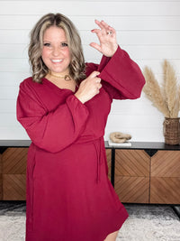 "Borderline" Long Sleeve V Neck Dress with Drawstring Waist (Burgundy)