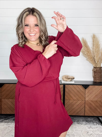 "Borderline" Long Sleeve V Neck Dress with Drawstring Waist (Burgundy)