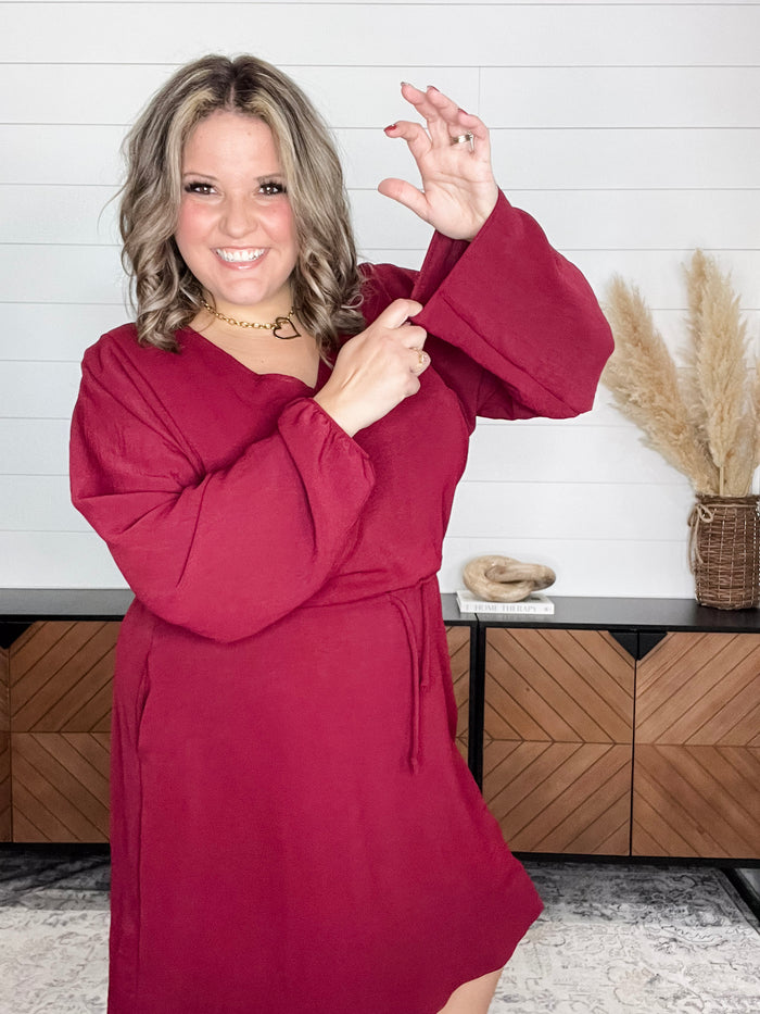 "Borderline" Long Sleeve V Neck Dress with Drawstring Waist (Burgundy)