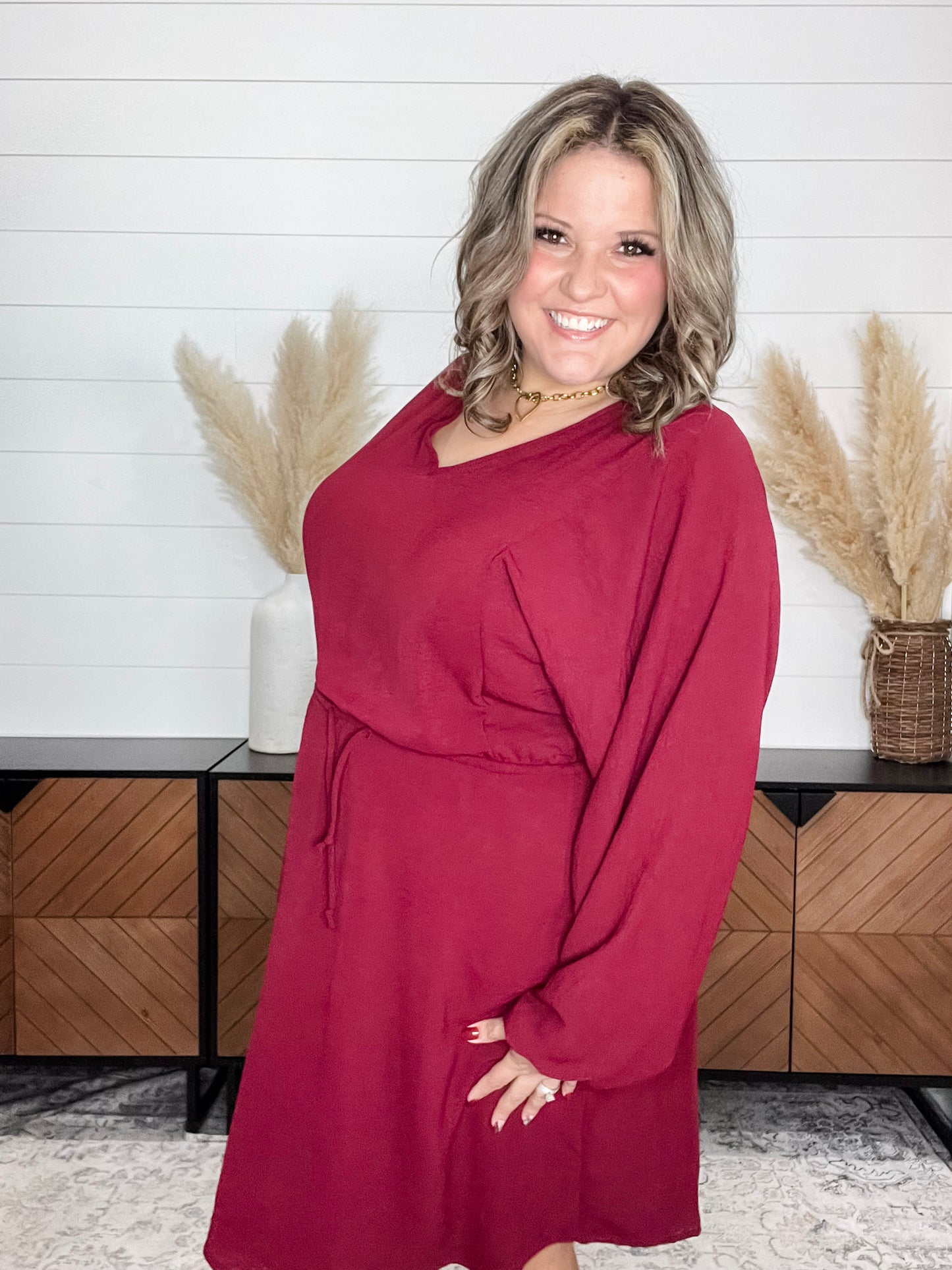 "Borderline" Long Sleeve V Neck Dress with Drawstring Waist (Burgundy)