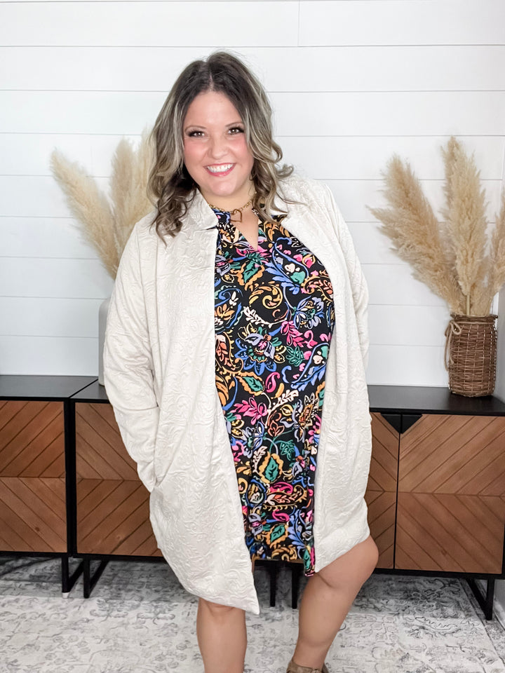 "Amara" Jacquard Midi Coat with Pockets (Oatmeal)