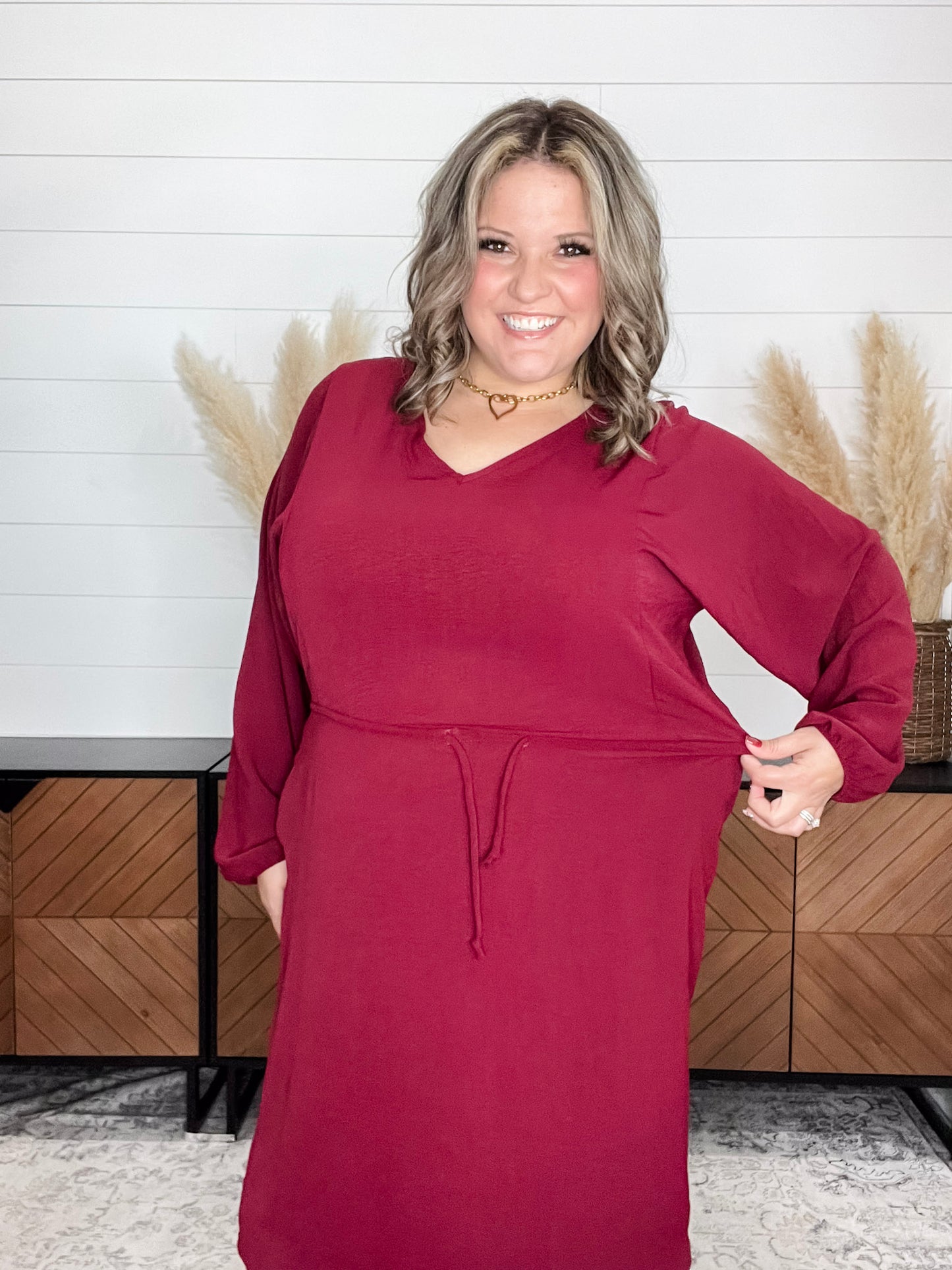 "Borderline" Long Sleeve V Neck Dress with Drawstring Waist (Burgundy)
