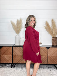 "Borderline" Long Sleeve V Neck Dress with Drawstring Waist (Burgundy)