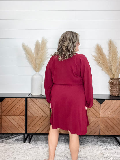 "Borderline" Long Sleeve V Neck Dress with Drawstring Waist (Burgundy)