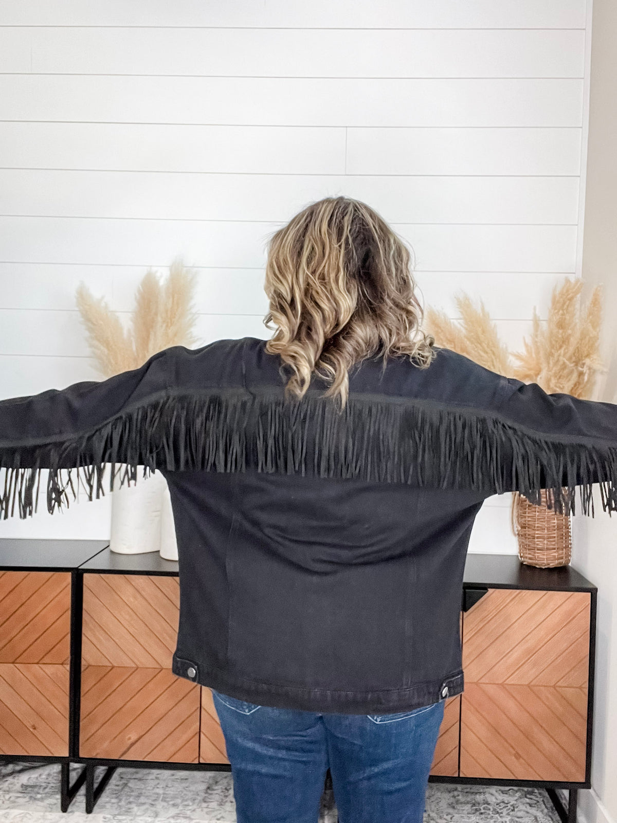 "Shake It Off" Black Denim Jacket with Fringe