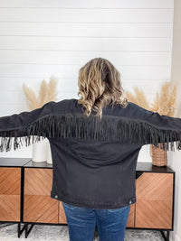 "Shake It Off" Black Denim Jacket with Fringe