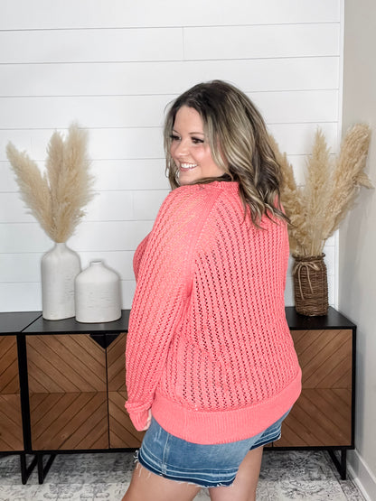 "Cut the Chill" Long Sleeve Lighweight Sweater (Coral Pink)
