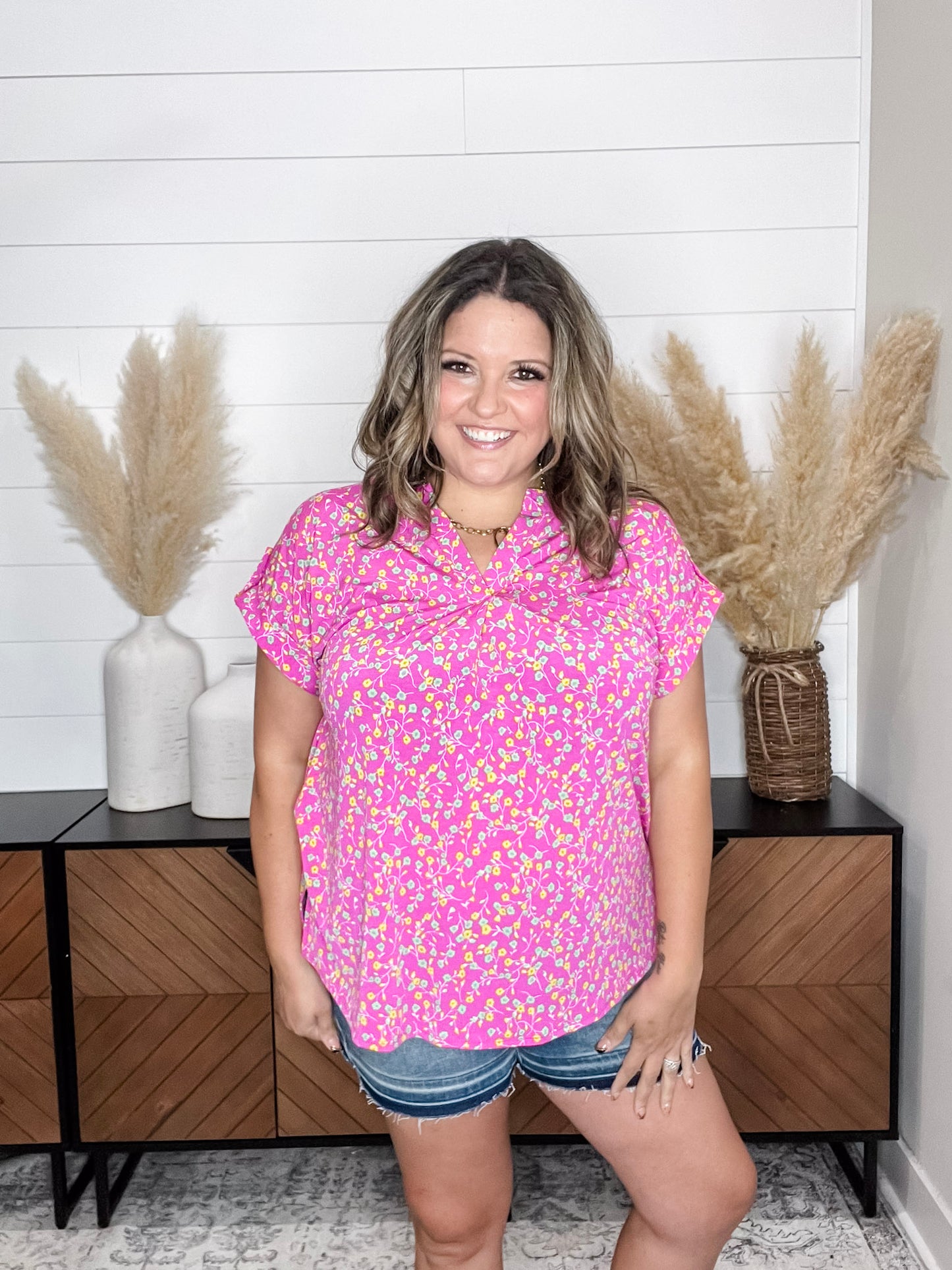"Shameless" Split Neck Cuffed Short Sleeve