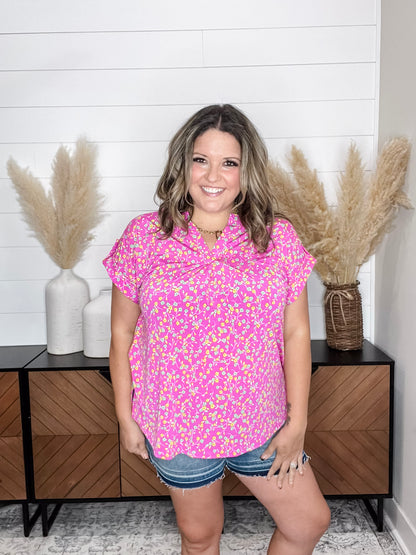 "Shameless" Split Neck Cuffed Short Sleeve