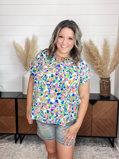 "Smack Dab" Split Neck Cuffed Short Sleeve