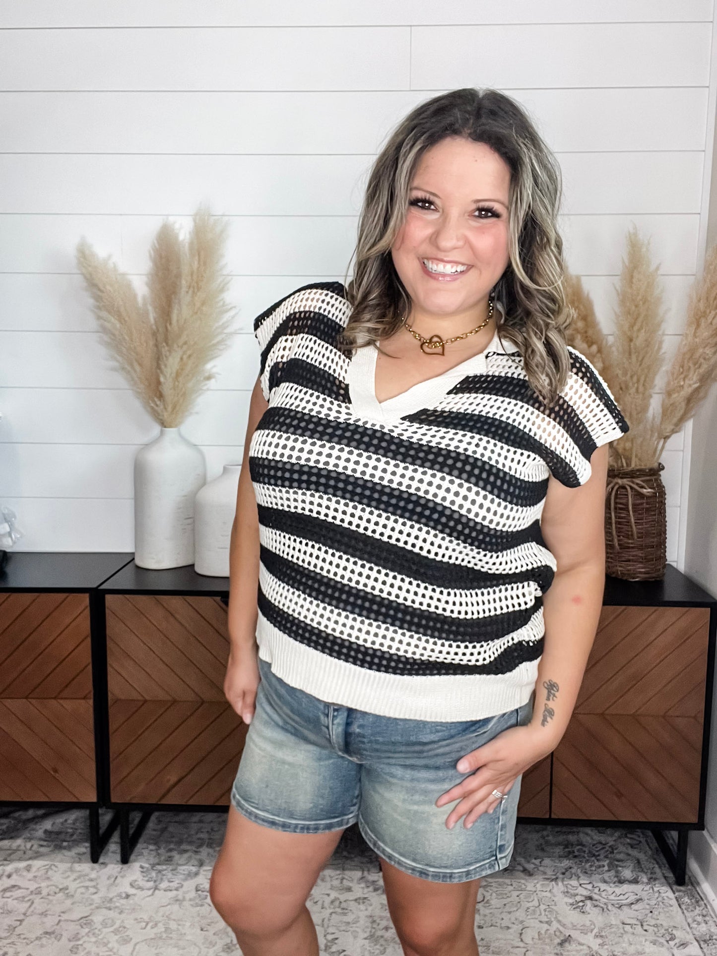 "Snapshot" Split Neck Short Sleeve Sweater