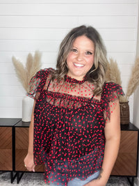 "Don't Go Breakin" Heart Printed High Collar Short Sleeve Babydoll