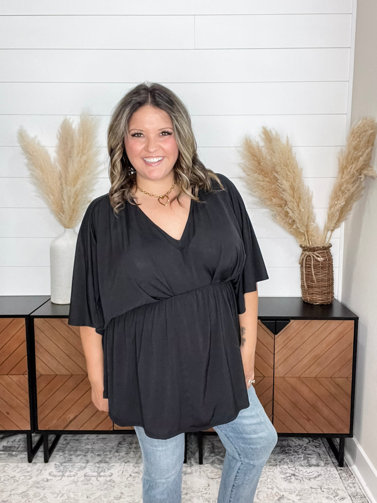 Dear Scarlett "Here We Go Again" V Neck 3/4 Bell Sleeve (Black)