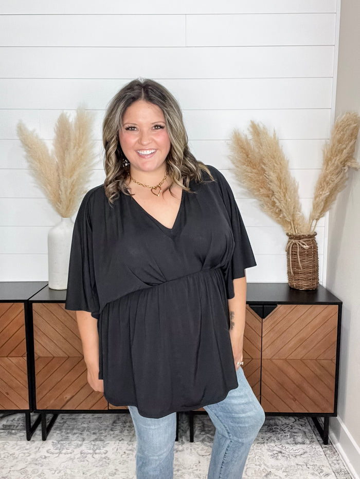 Dear Scarlett "Here We Go Again" V Neck 3/4 Bell Sleeve (Black)