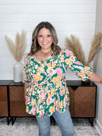 "Highland" 3/4 Sleeve Peplum with Front Tie