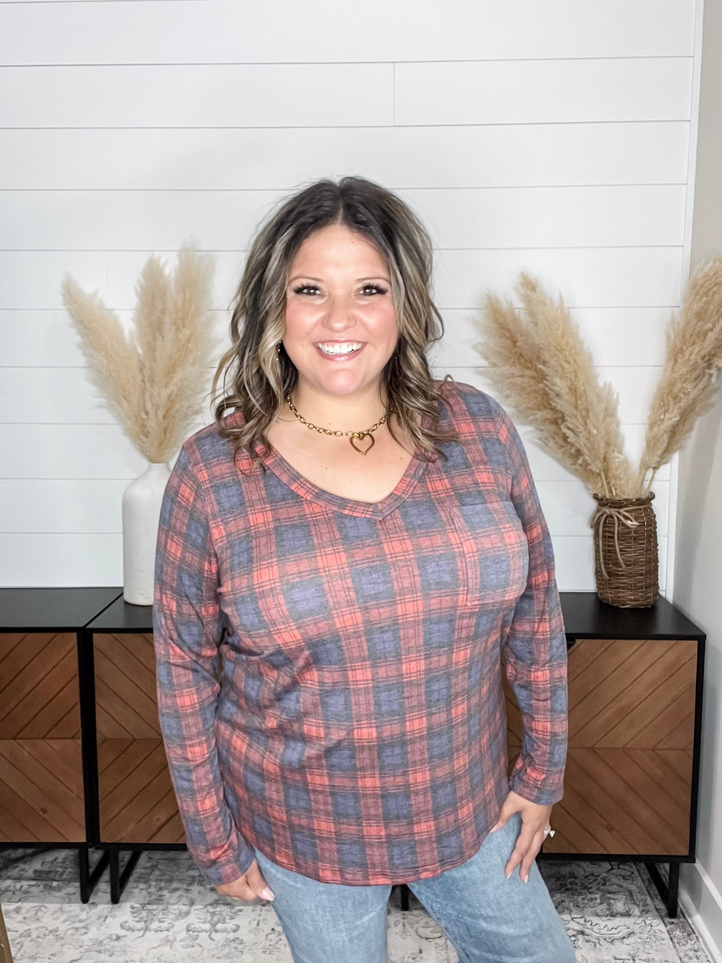 "In To It" Long Sleeve Plaid V Neck with Chest Pocket