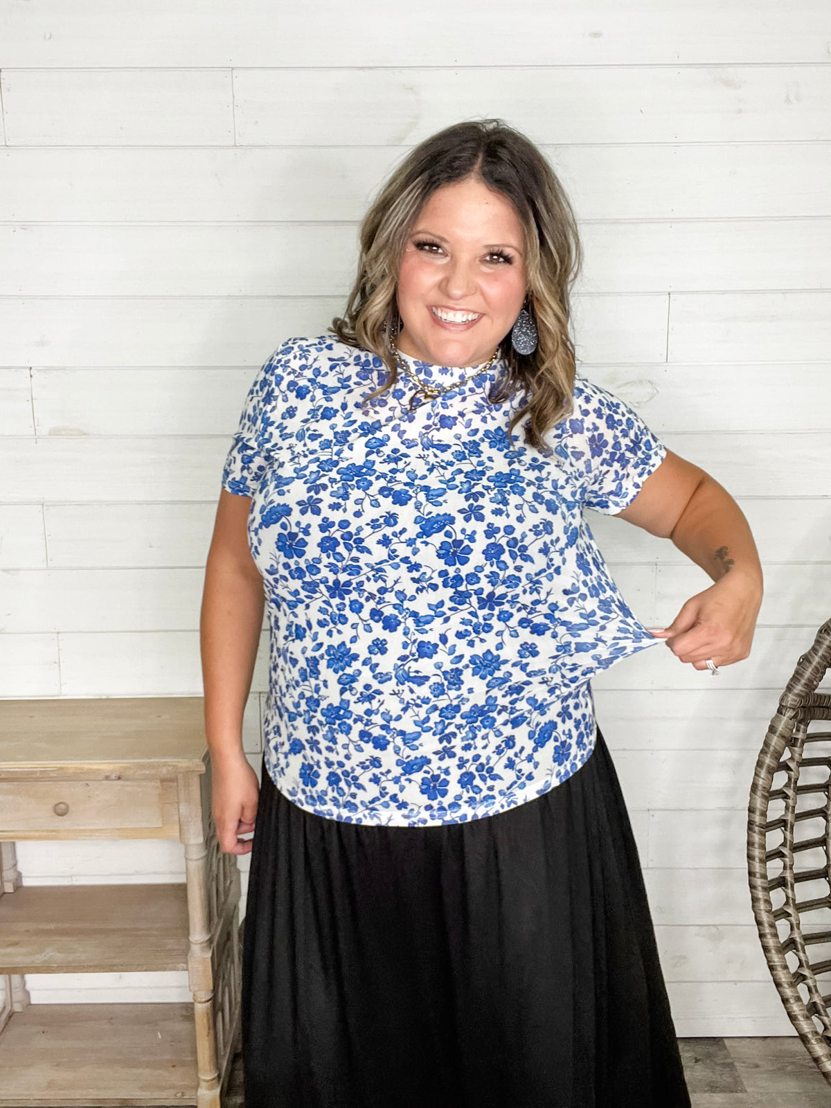 Shirley and Stone "Blue Floral" Short Sleeve Mesh Top
