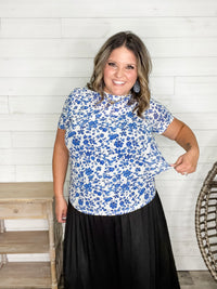 Shirley and Stone "Blue Floral" Short Sleeve Mesh Top