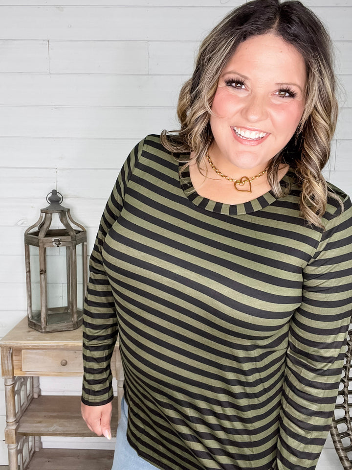 "Got Me" Long Sleeve Striped Top (Green Black)