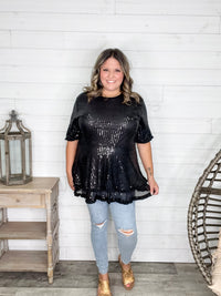 "Caught A Glimpse" Sequined Ruffle Hem and Sleeve (Black)