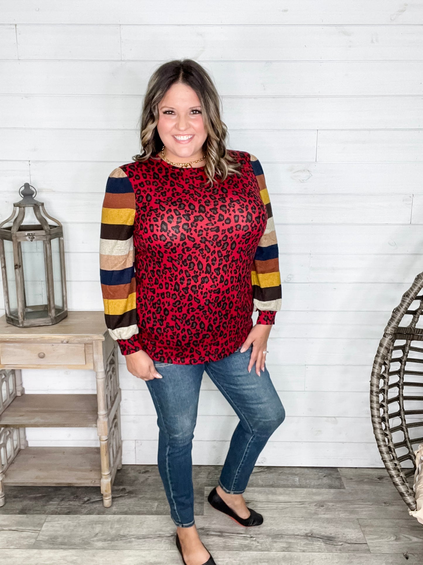 "Well Ok" Long Sleeve Animal Print with Stripe Accent
