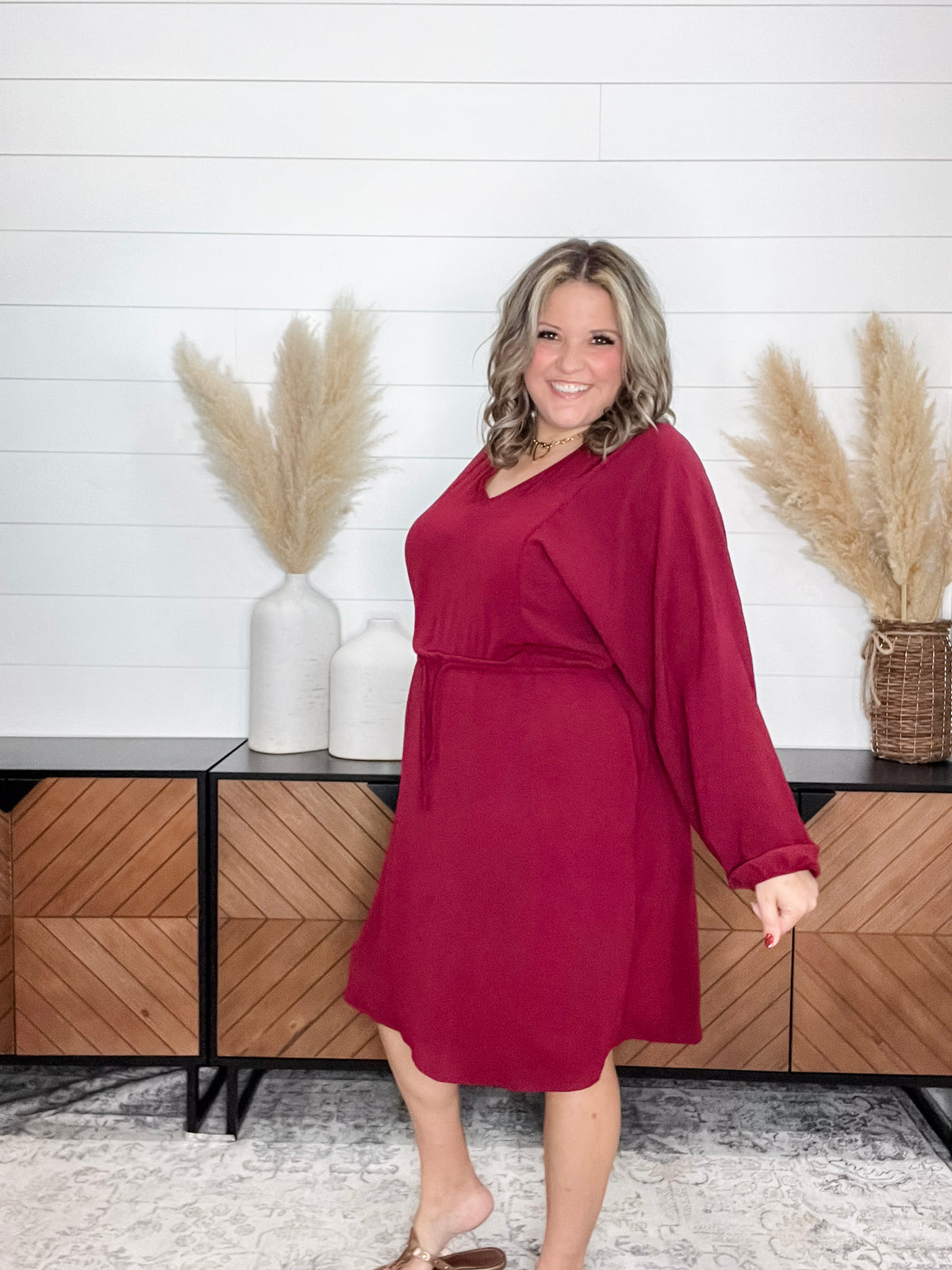 "Borderline" Long Sleeve V Neck Dress with Drawstring Waist (Burgundy)