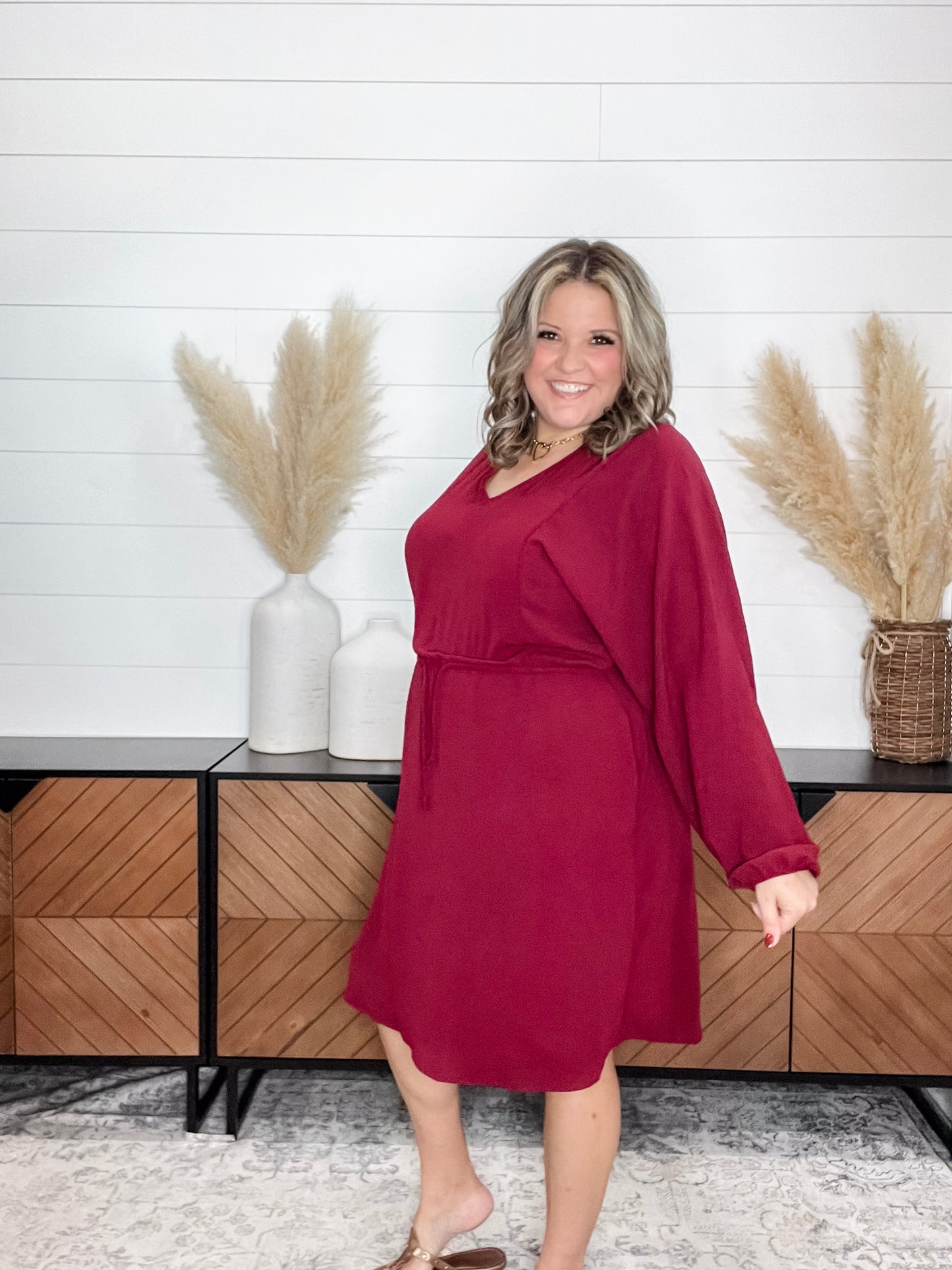 "Borderline" Long Sleeve V Neck Dress with Drawstring Waist (Burgundy)