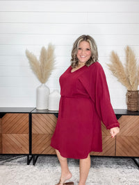 "Borderline" Long Sleeve V Neck Dress with Drawstring Waist (Burgundy)