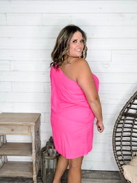 "Runway" One Shoulder Dress with Pockets (Fuchsia)