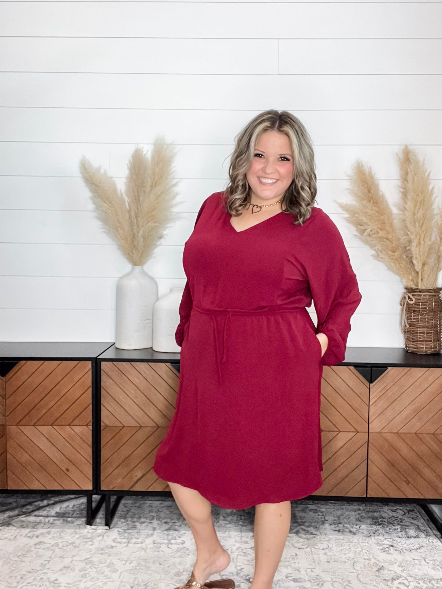 "Borderline" Long Sleeve V Neck Dress with Drawstring Waist (Burgundy)