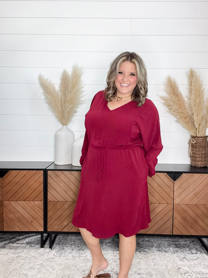 "Borderline" Long Sleeve V Neck Dress with Drawstring Waist (Burgundy)