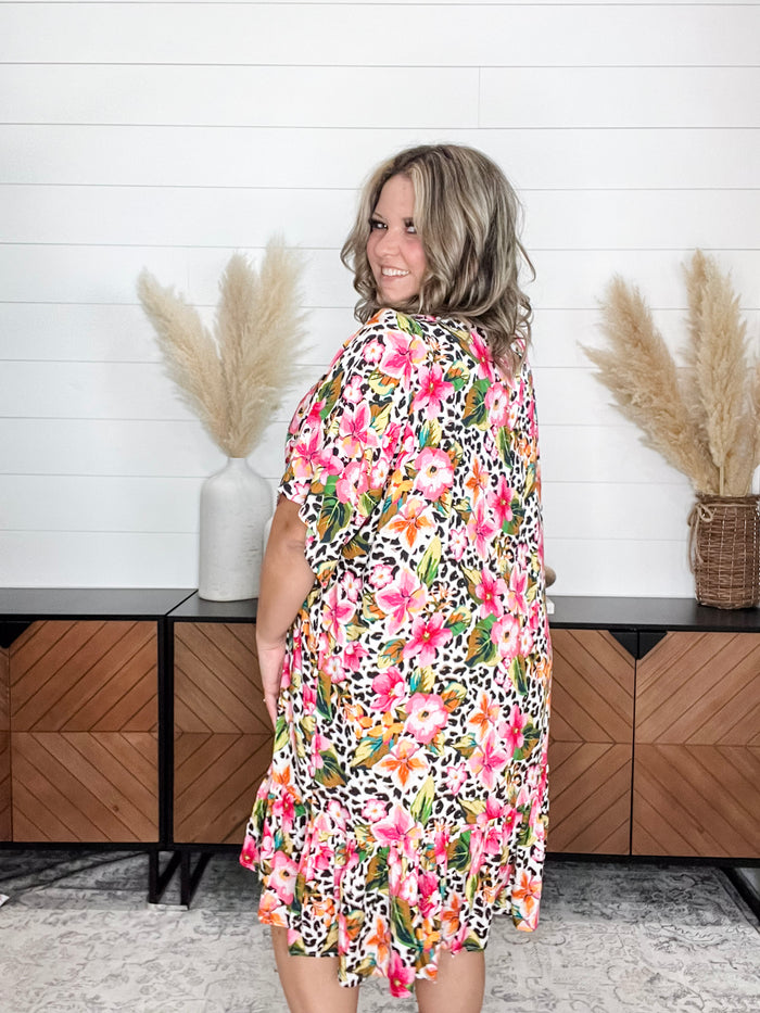 Animal Print & Floral Short Sleeve Kimono with Ruffle Bottom