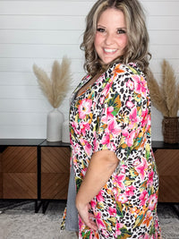 Animal Print & Floral Short Sleeve Kimono with Ruffle Bottom