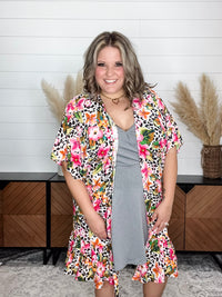Animal Print & Floral Short Sleeve Kimono with Ruffle Bottom