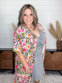 Animal Print & Floral Short Sleeve Kimono with Ruffle Bottom