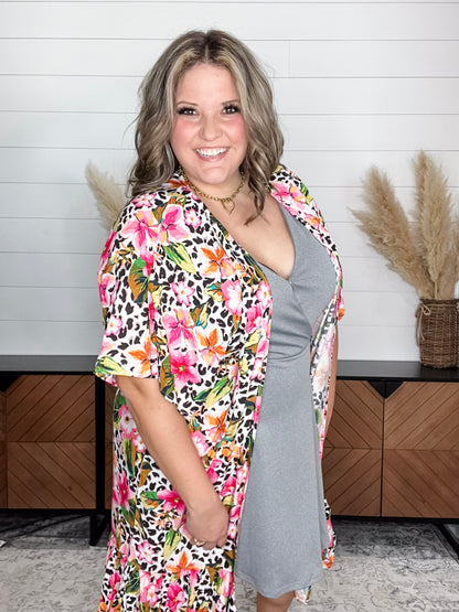 Animal Print & Floral Short Sleeve Kimono with Ruffle Bottom