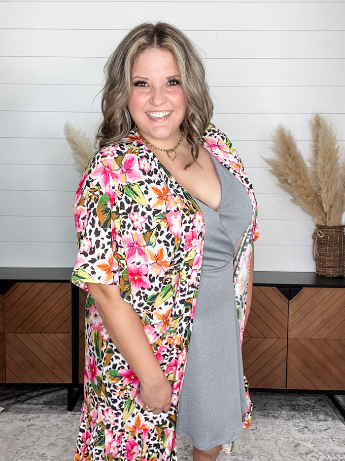 Animal Print & Floral Short Sleeve Kimono with Ruffle Bottom