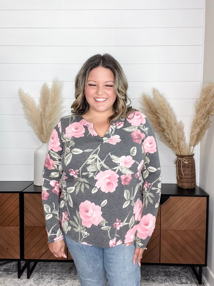 Dear Scarlett "Release Me" Floral Long Sleeve Split Neck