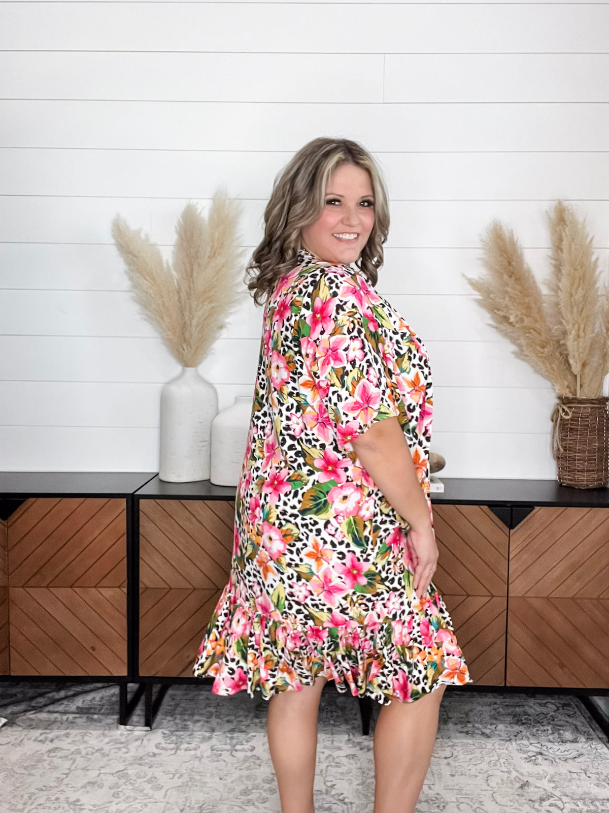 Animal Print & Floral Short Sleeve Kimono with Ruffle Bottom