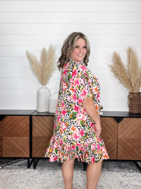Animal Print & Floral Short Sleeve Kimono with Ruffle Bottom