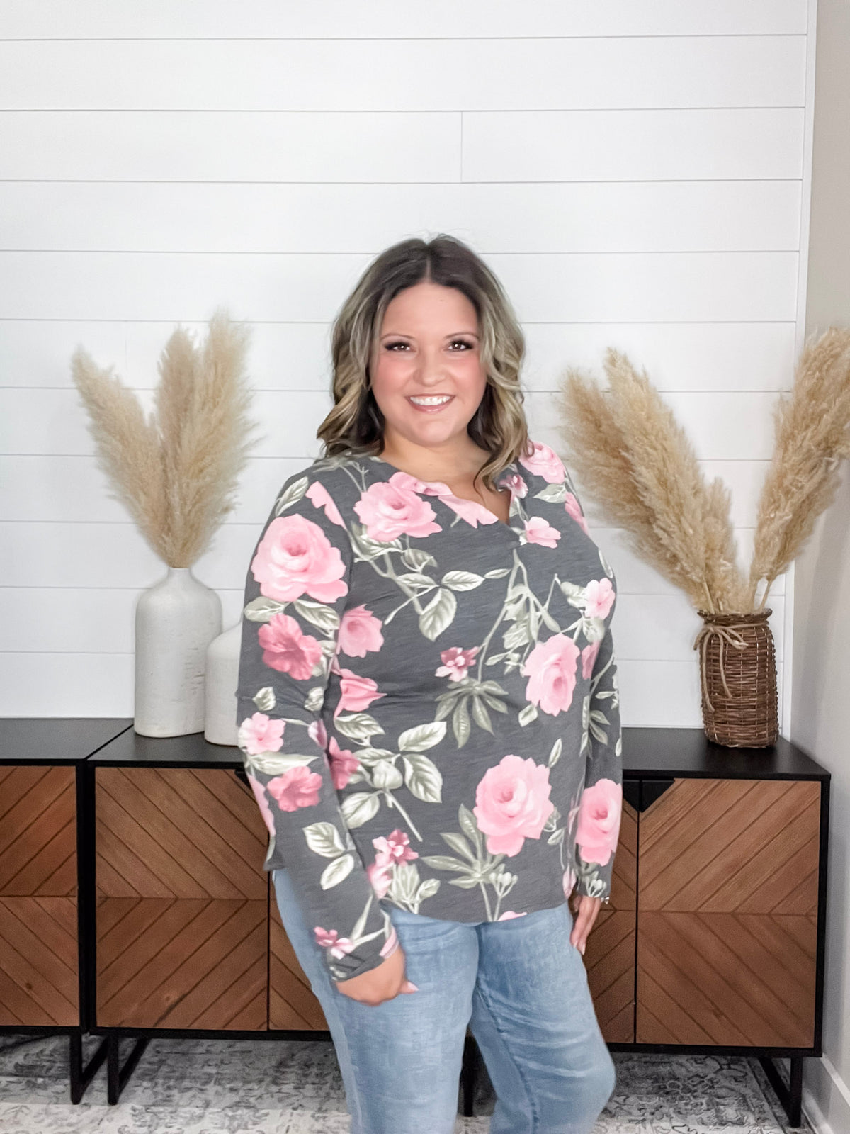 Dear Scarlett "Release Me" Floral Long Sleeve Split Neck