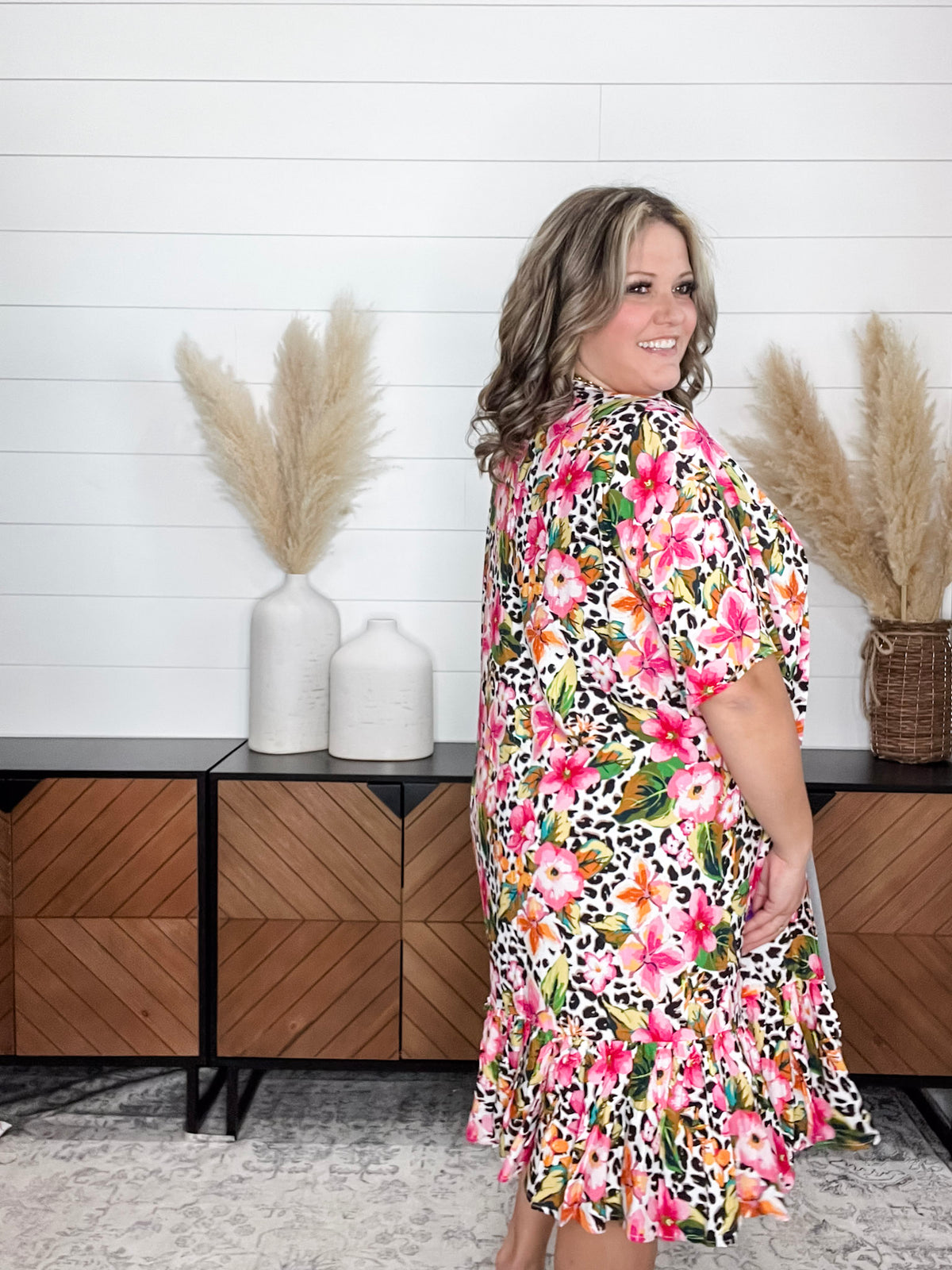 Animal Print & Floral Short Sleeve Kimono with Ruffle Bottom
