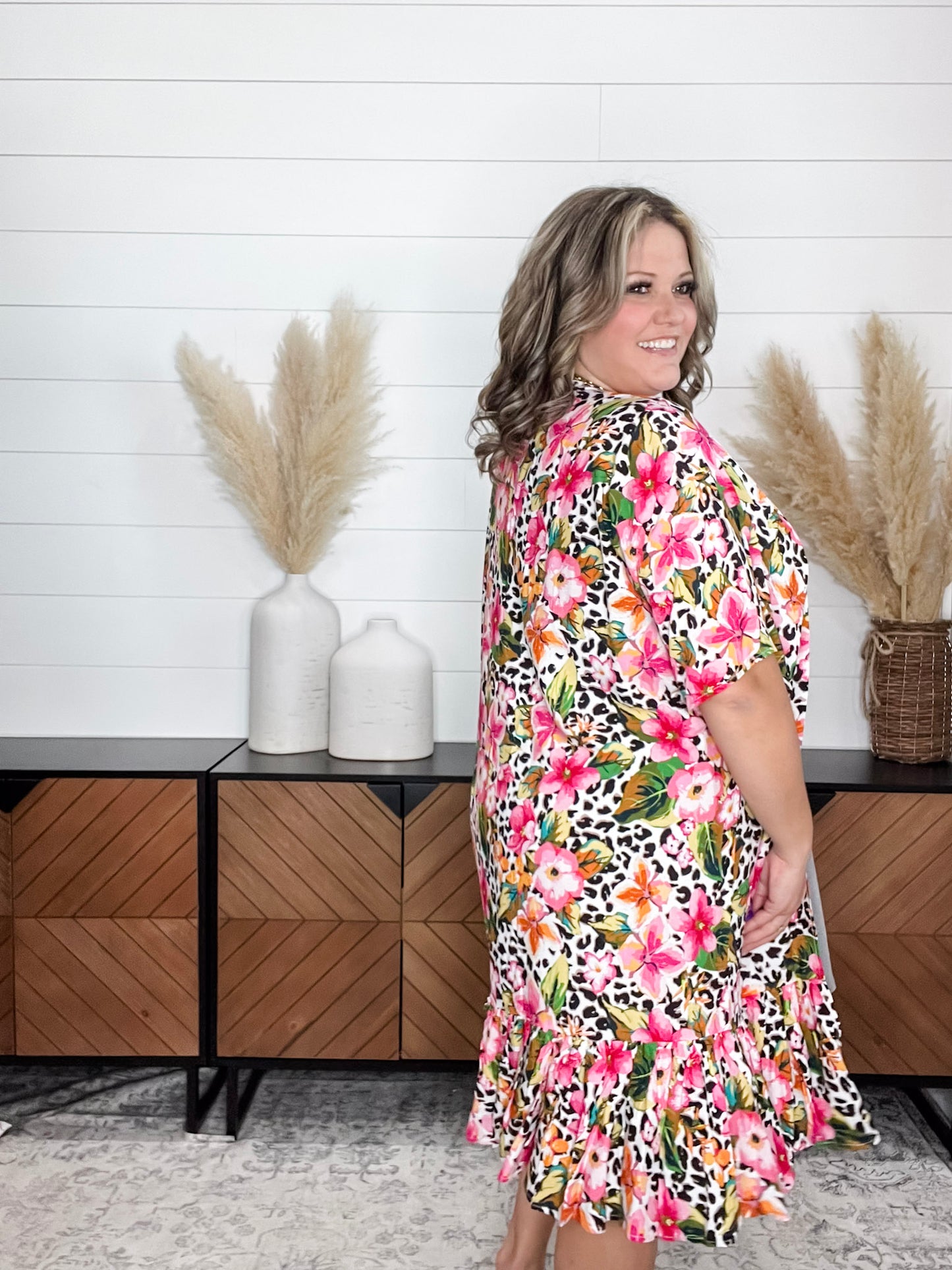 Animal Print & Floral Short Sleeve Kimono with Ruffle Bottom
