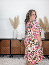 Animal Print & Floral Short Sleeve Kimono with Ruffle Bottom