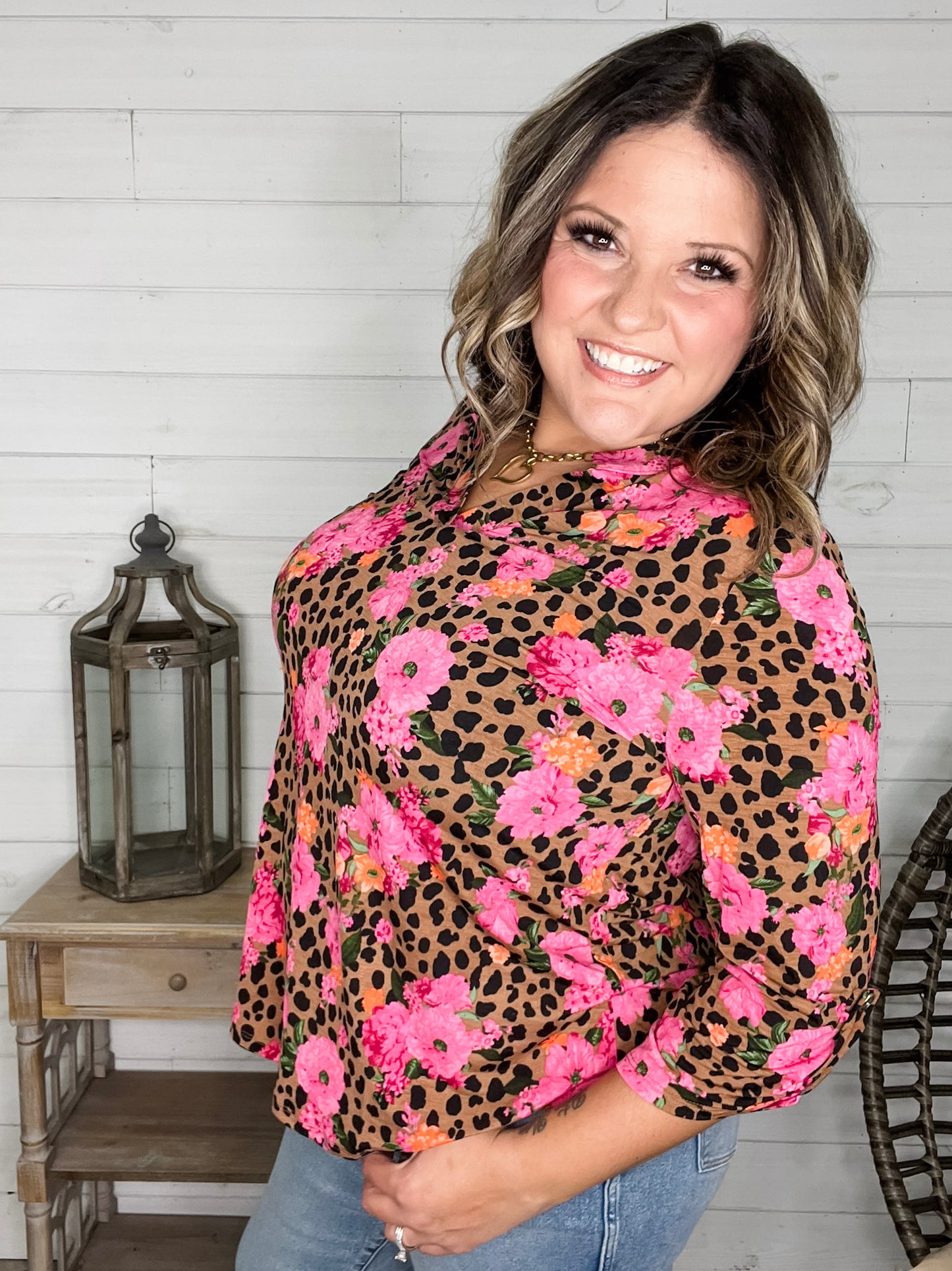 "Dimensions" Floral and Animal  3/4 Sleeve Split Neck
