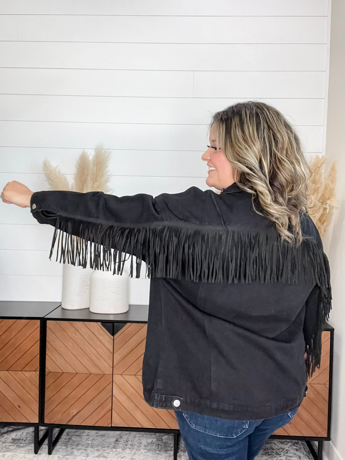 "Shake It Off" Black Denim Jacket with Fringe