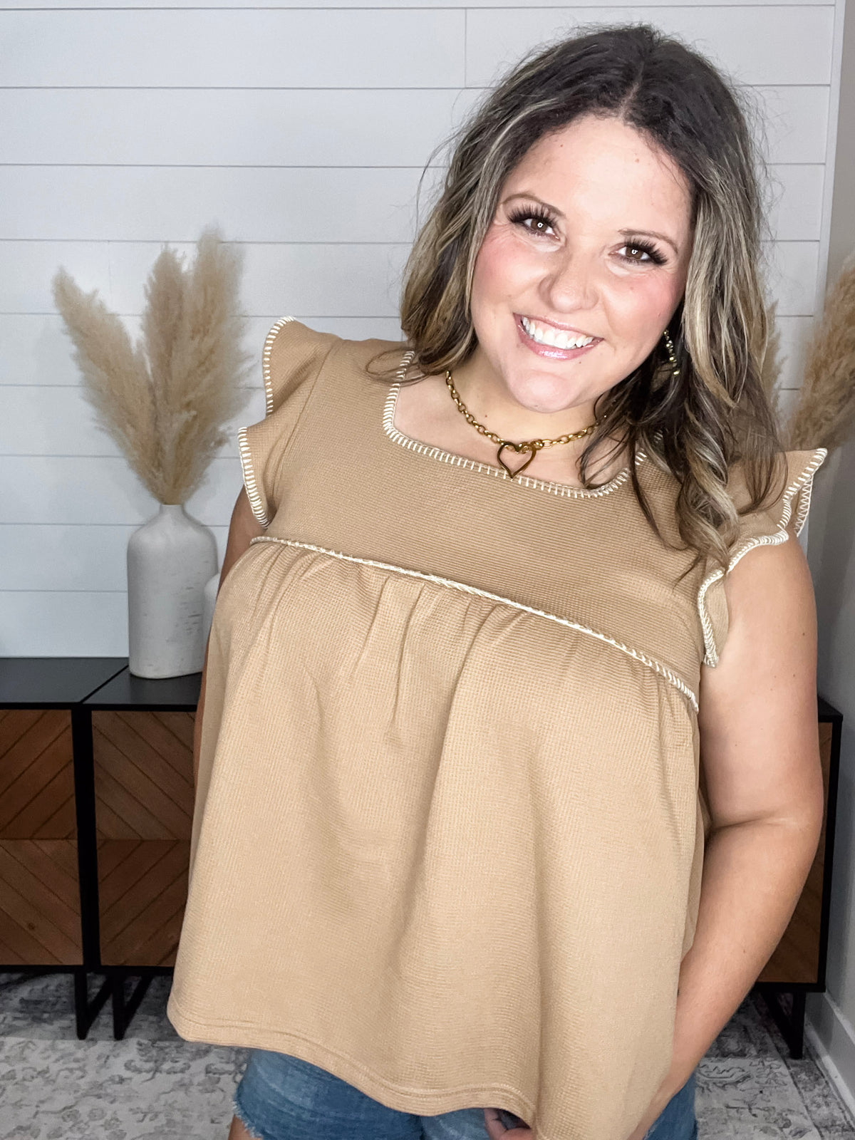 "Bridges" Ruffle Cap Square Neck Top