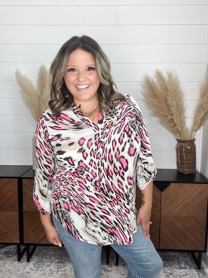 Dear Scarlett "Distinctive" Animal Print Lizzy 3/4 Sleeve Split Neck