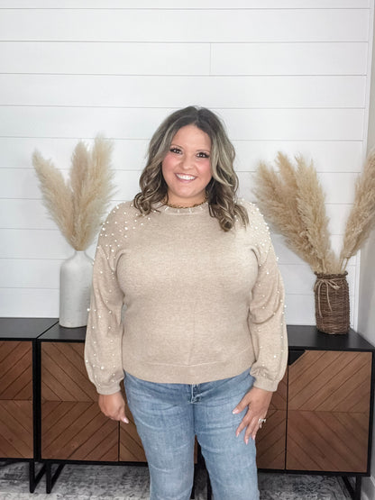 "Discreet" Long Sleeve Pearl Embellished Balloon Sleeve Sweater