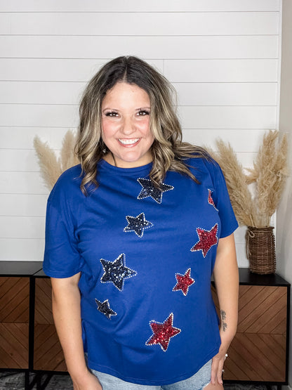 "Is Born" Sequin & Rhinestone Stars Short Sleeve